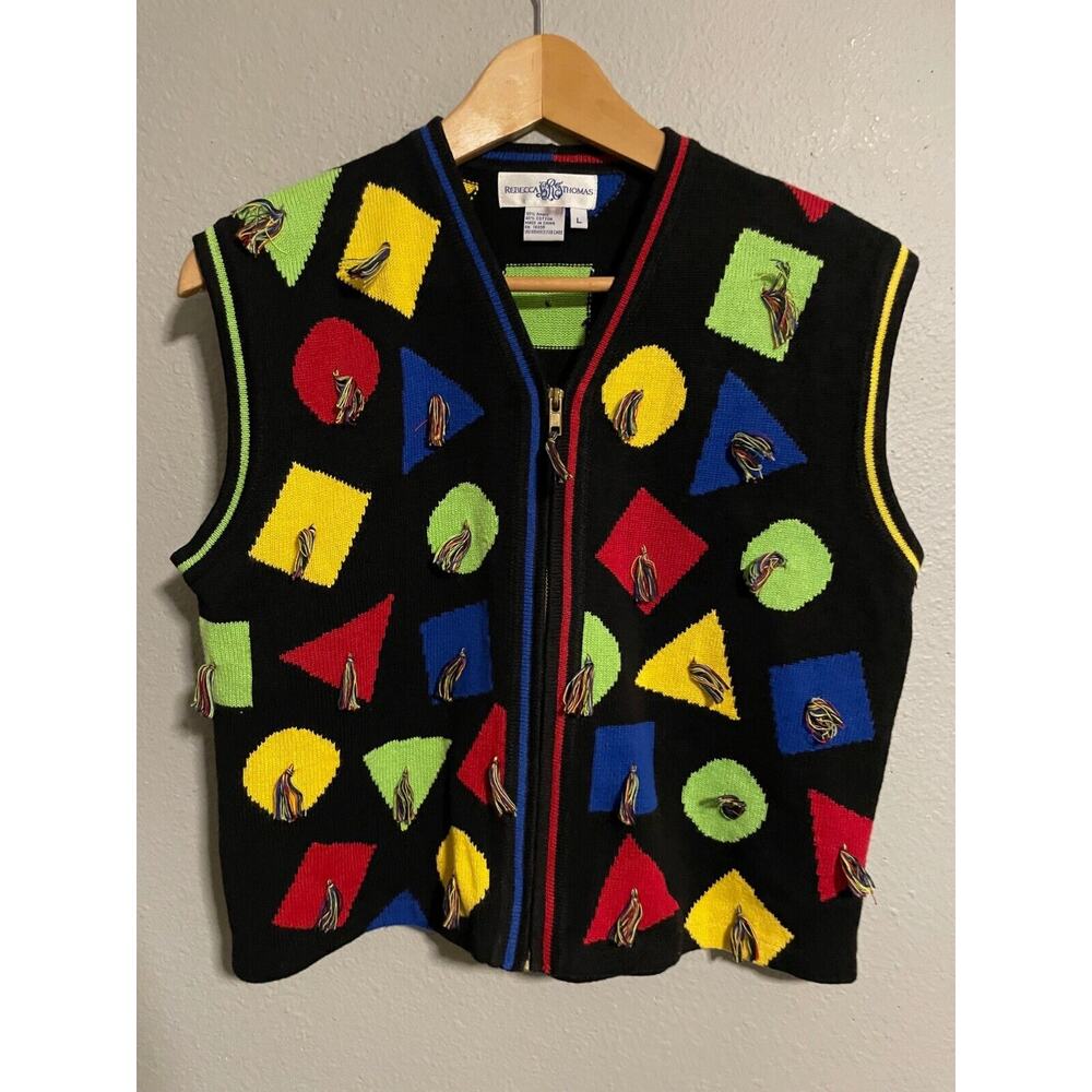 Vintage Rebecca Thomas Womens Sweater Vest Large Colorful Geometric Tassel Artsy